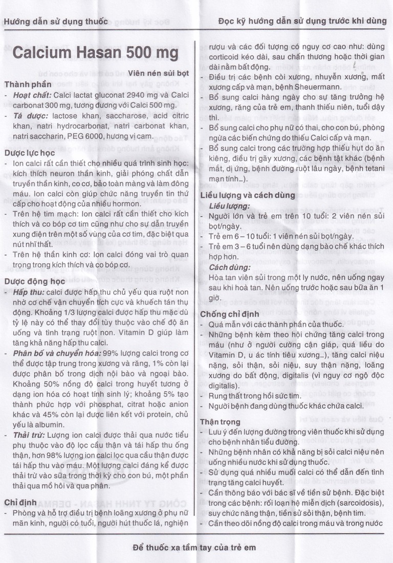 Viên sủi Calcium Hasan 500mg phòng và hỗ trợ điều trị bệnh loãng xương (20 viên)