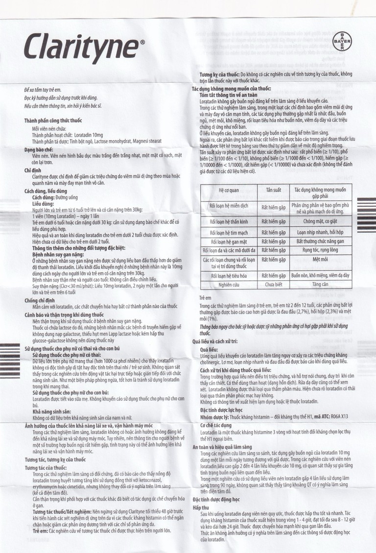 Thuốc Clarityne 10mg Bayer giảm các triệu chứng do viêm mũi dị ứng và mày đay mạn tính vô căn (1 vỉ x 10 viên)