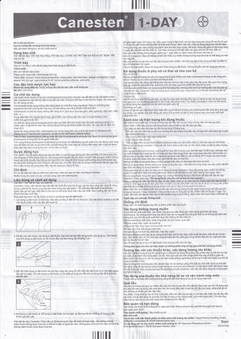 Viên đặt âm đạo Canesten 500mg Bayer hỗ trợ điều trị viêm âm đạo (1 viên)