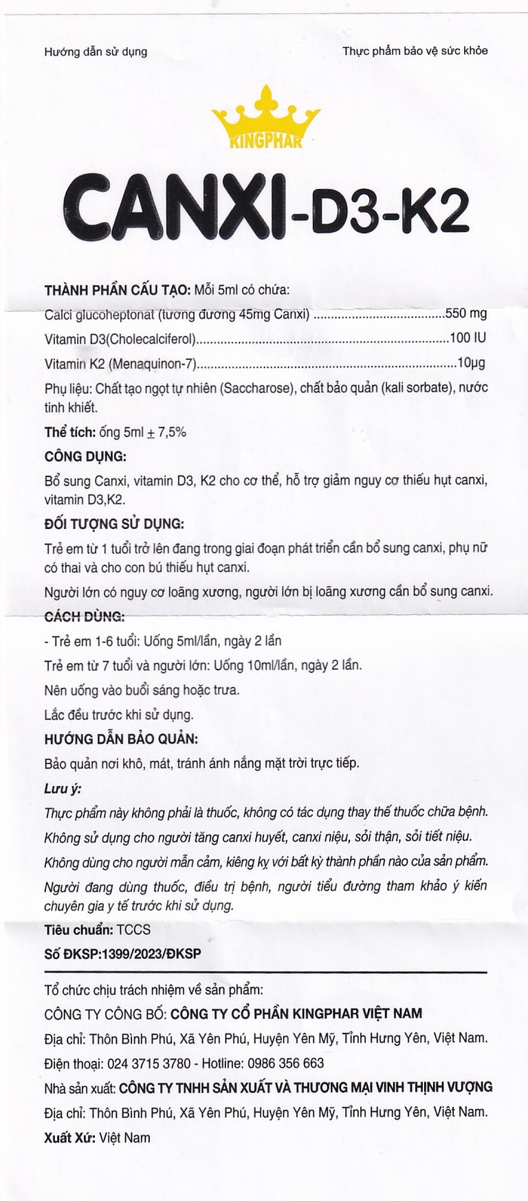 Siro ống uống Canxi-D3-K2 5ml Kingphar bổ sung canxi & vitamin D3 cho cơ thể (6 vỉ x 5 ống)