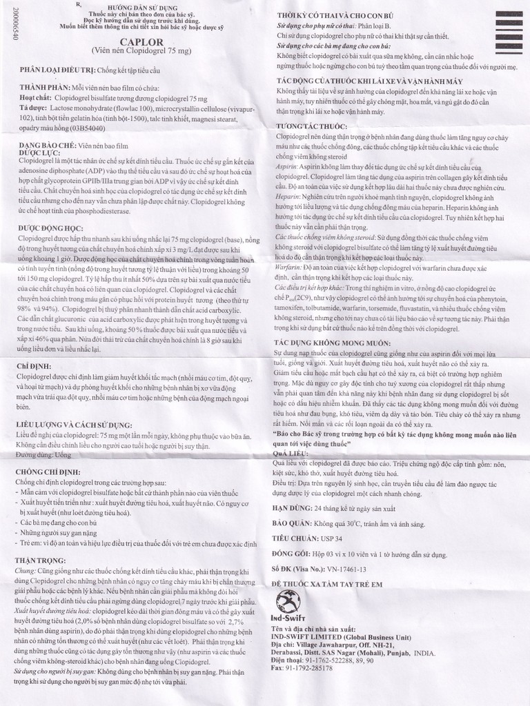Thuốc Caplor 75mg INd-Swift giảm huyết khối tắc mạch (3 vỉ x 10 viên)