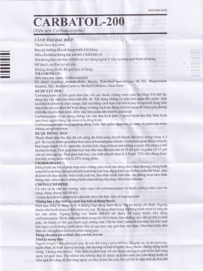 Thuốc Carbatol 200 Torrent điều trị bệnh động kinh cục bộ (10 vỉ x 10 viên)