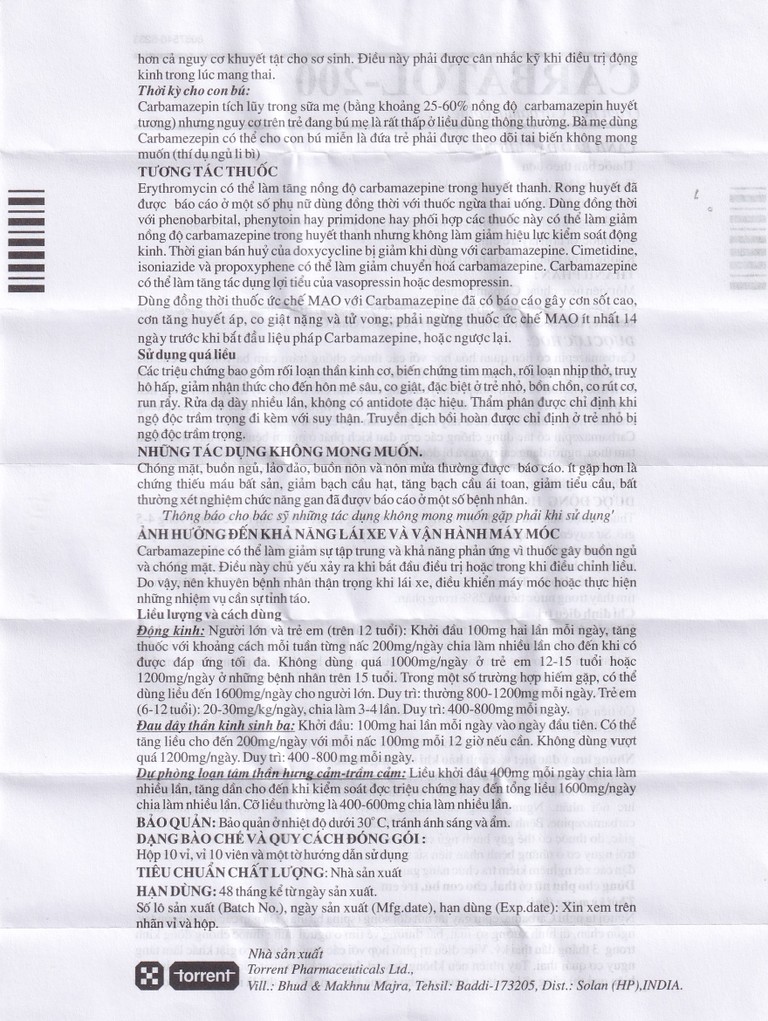 Thuốc Carbatol 200 Torrent điều trị bệnh động kinh cục bộ (10 vỉ x 10 viên)