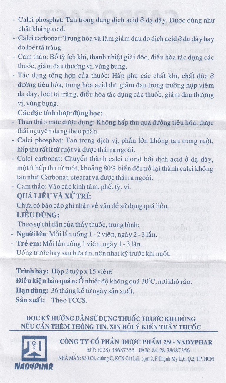 Viên nhai Carbogast Nadyphar điều trị bệnh dạ dày và đường ruột, di chứng của kiết lỵ (2 tuýp x 15 viên) 