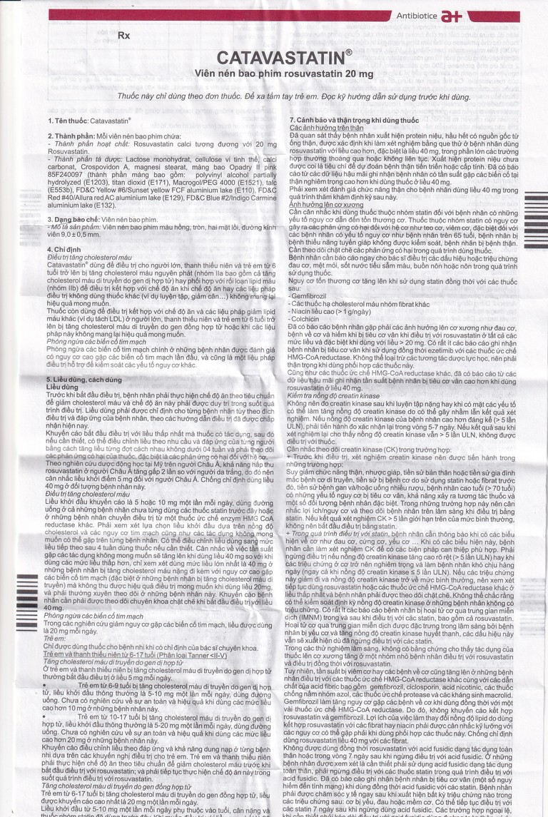 Thuốc Catavastatin 20mg Antibiotice điều trị tăng cholesterol máu và phòng ngừa biến cố tim mạch (3 vỉ x 10 viên)