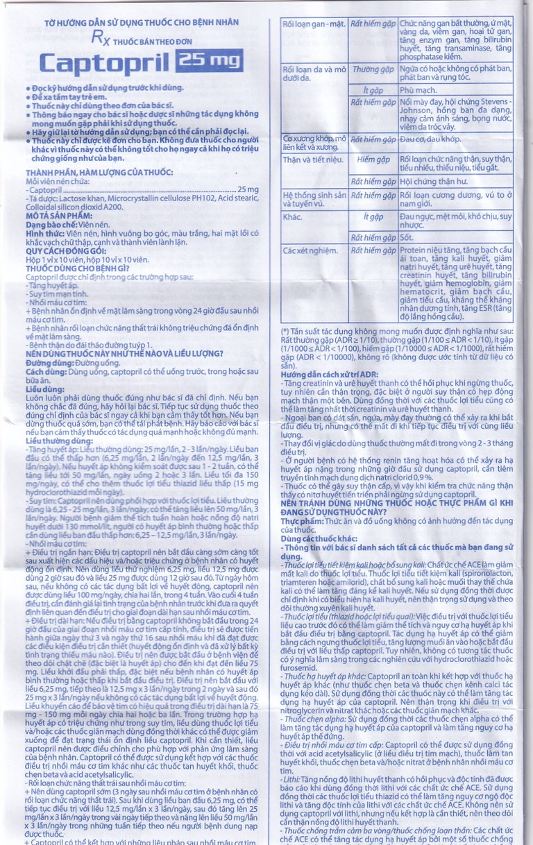 Thuốc Captopril 25mg Domesco điều trị tăng huyết áp, suy tim, nhồi máu cơ tim (10 vỉ x 10 viên) 