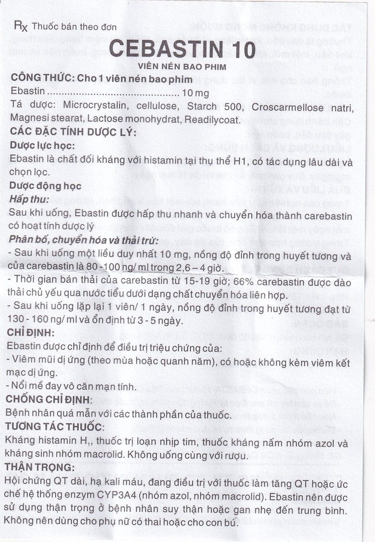 Thuốc Cebastin10 Dược 3-2 điều trị viêm mũi dị ứng, mày đay (3 vỉ x 10 viên) 