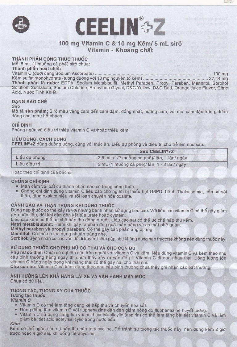 Siro Ceelin + Z United phòng ngừa và điều trị thiếu vitamin C hoặc thiếu kẽm (60ml)