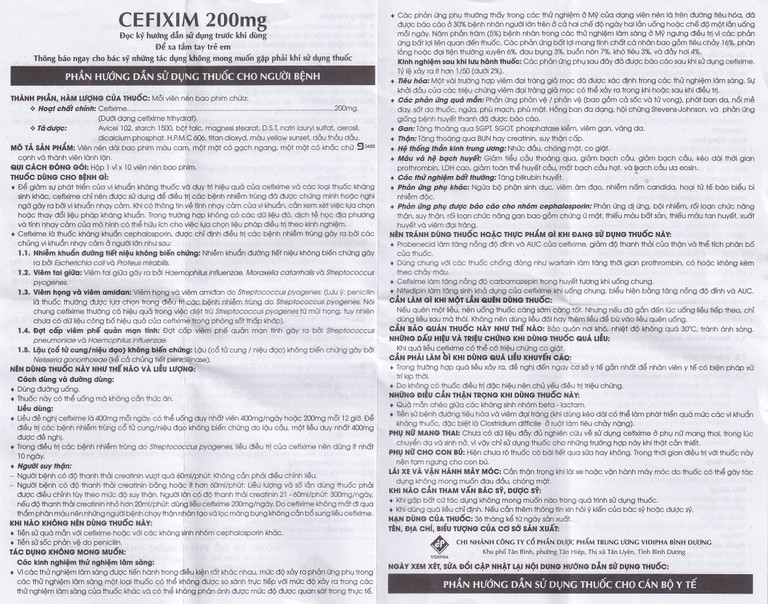 Thuốc Cefixim 200mg Vidipha điều trị nhiễm khuẩn (1 vỉ x 10 viên)