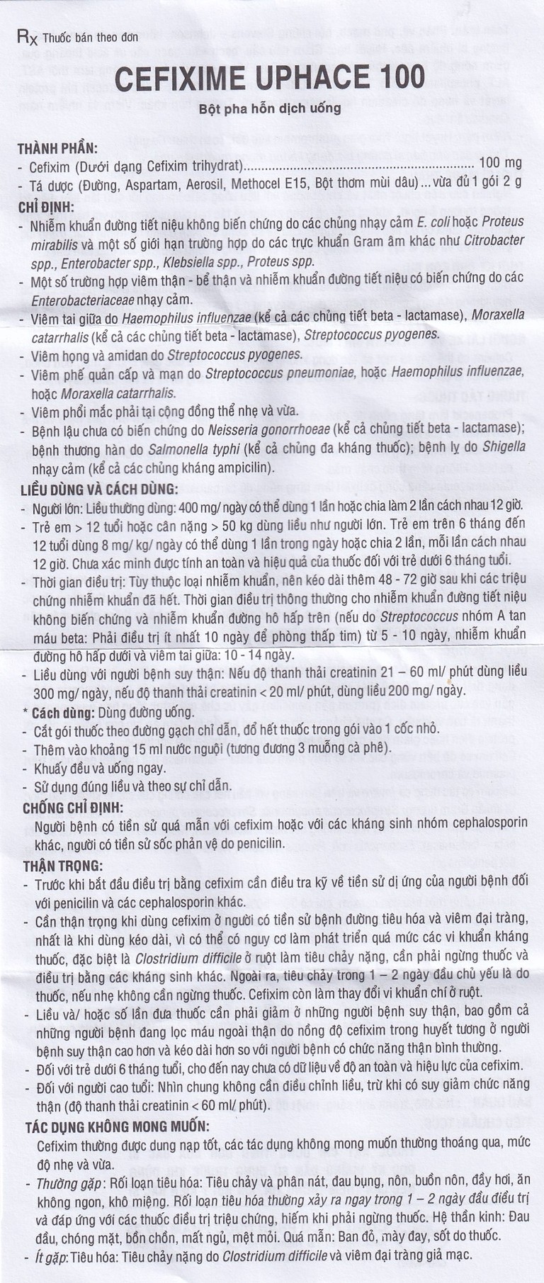 Bột pha hỗn dịch uống Cefixime Uphace 100mg điều trị nhiễm khuẩn (10 gói x 2g)