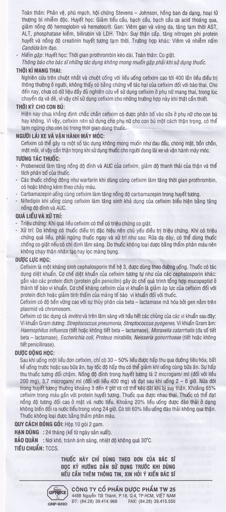 Bột pha hỗn dịch uống Cefixime Uphace 100mg điều trị nhiễm khuẩn (10 gói x 2g)