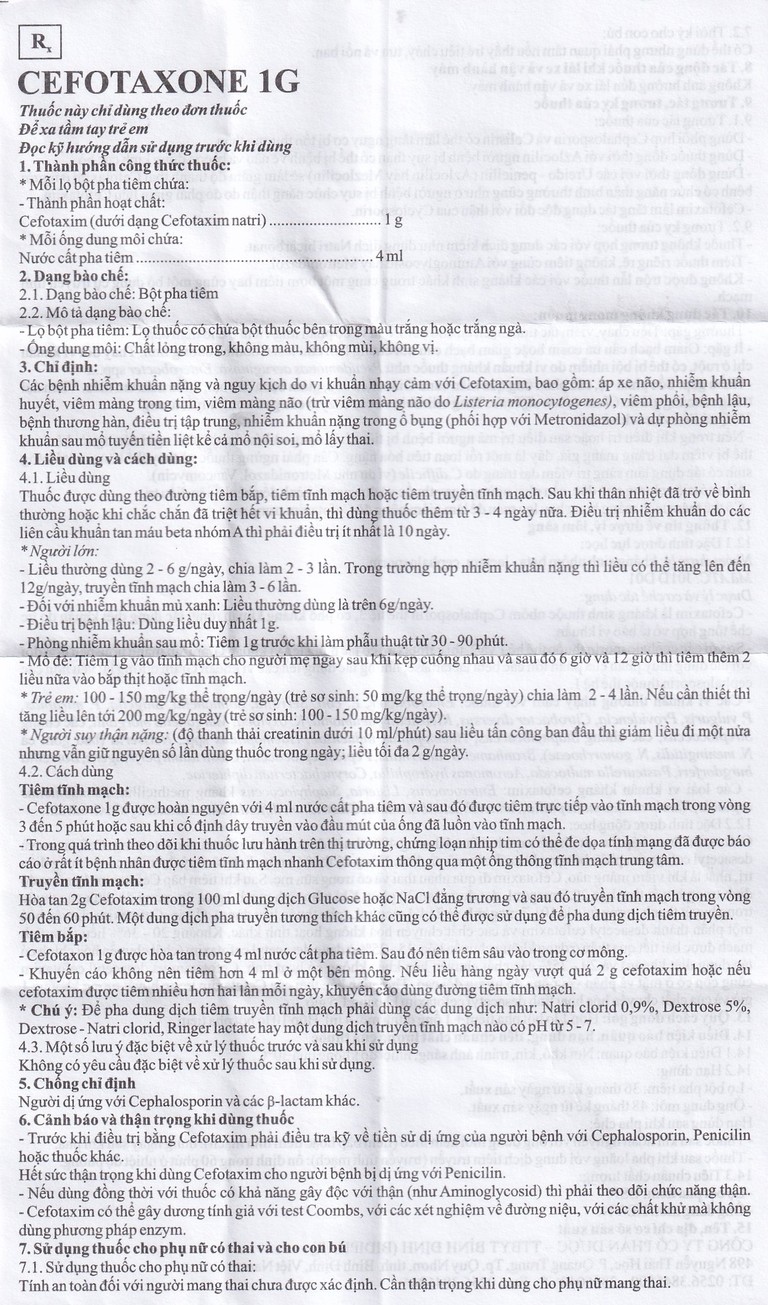 Bột pha tiêm Cefotaxone 1g Bidiphar điều trị các bệnh nhiễm khuẩn nặng (10 lọ)