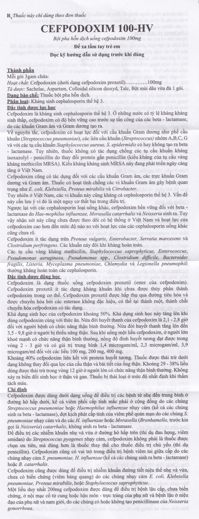 Bột pha hỗn dịch uống Cefpodoxim 100-HV USP điều trị nhiễm khuẩn (10 gói x 3g)