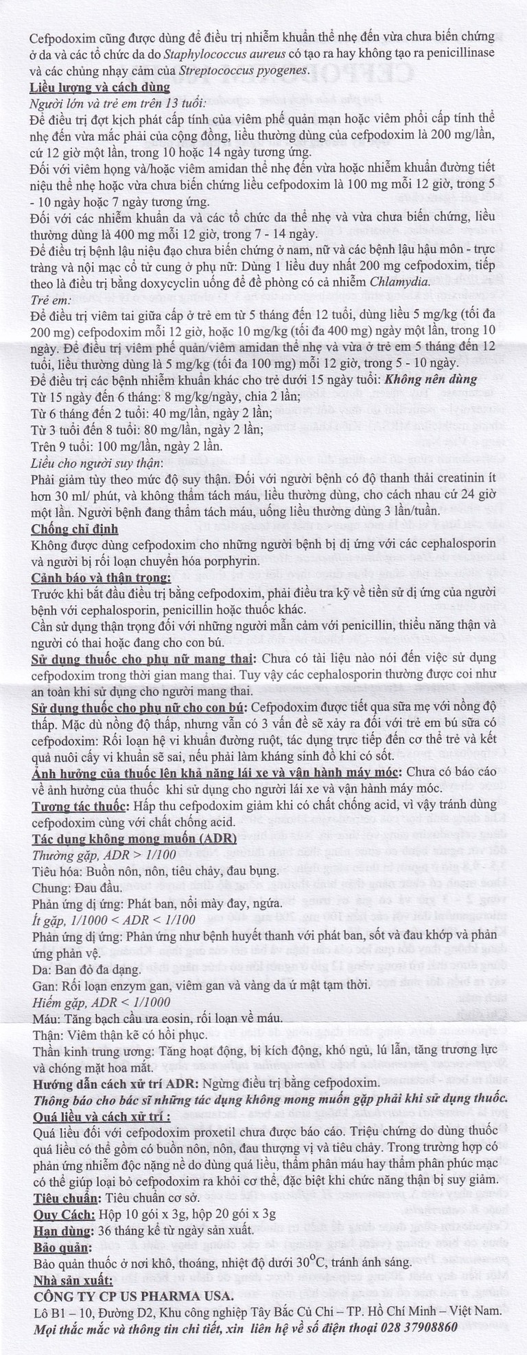 Bột pha hỗn dịch uống Cefpodoxim 100-HV USP điều trị nhiễm khuẩn (10 gói x 3g)