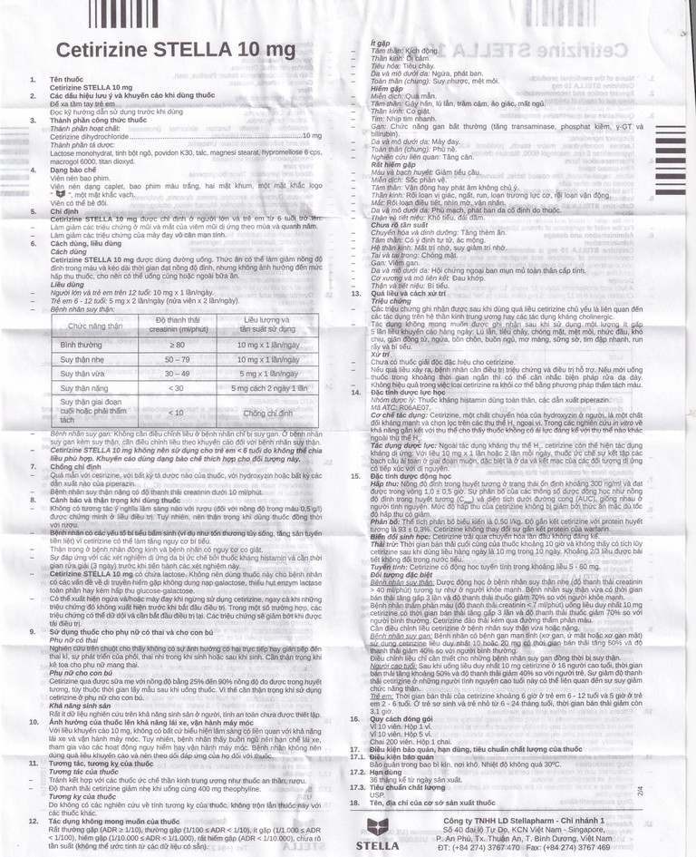 Thuốc Cetirizine Stella 10mg giảm viêm mũi dị ứng, mày đay (5 vỉ x 10 viên)