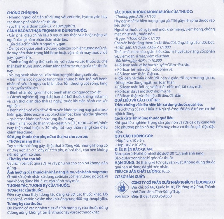 Thuốc Cetirizin 10mg Domesco điều trị viêm mũi dị ứng, mày đay (10 vỉ x 10 viên)