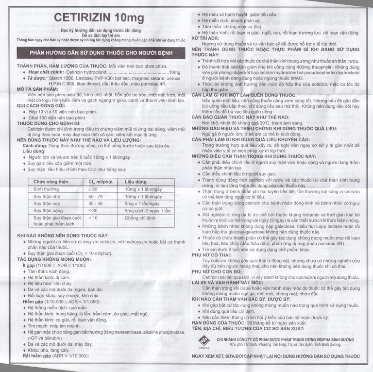 Thuốc Cetirizin 10mg Vidipha điều trị triệu chứng viêm mũi dị ứng, mày đay (10 vỉ x 10 viên)