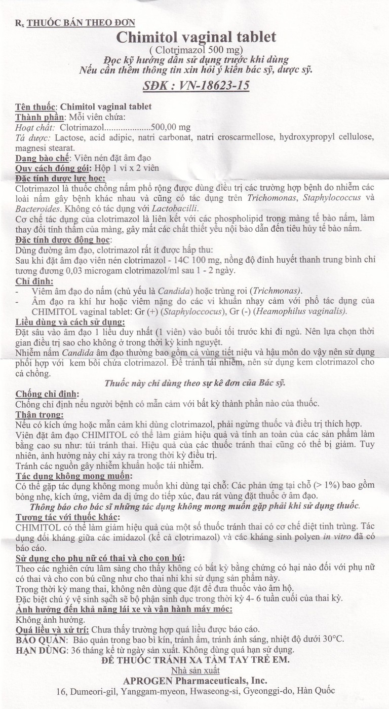 Viên đặt âm đạo Chimitol Vaginal Tab Aprogen điều trị viêm âm đạo do nấm (1 vỉ x 2 viên)