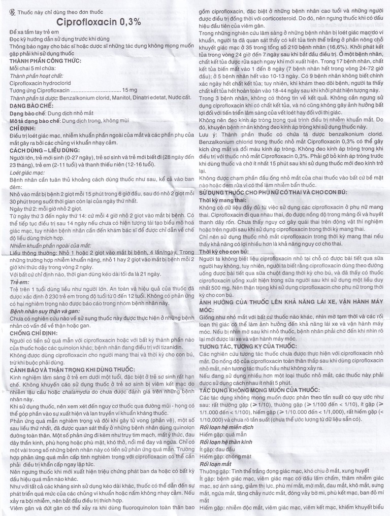 Thuốc nhỏ mắt Ciprofloxacin 0.3% Dược 3-2 điều trị loét giác mạc (5ml)