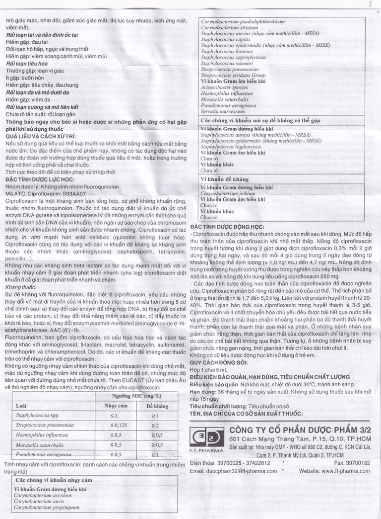 Thuốc nhỏ mắt Ciprofloxacin 0.3% Dược 3-2 điều trị loét giác mạc (5ml)