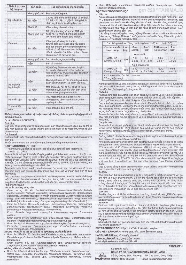 Thuốc Claminat 625mg Imexpharm điều trị nhiễm trùng (2 vỉ x 7 viên)