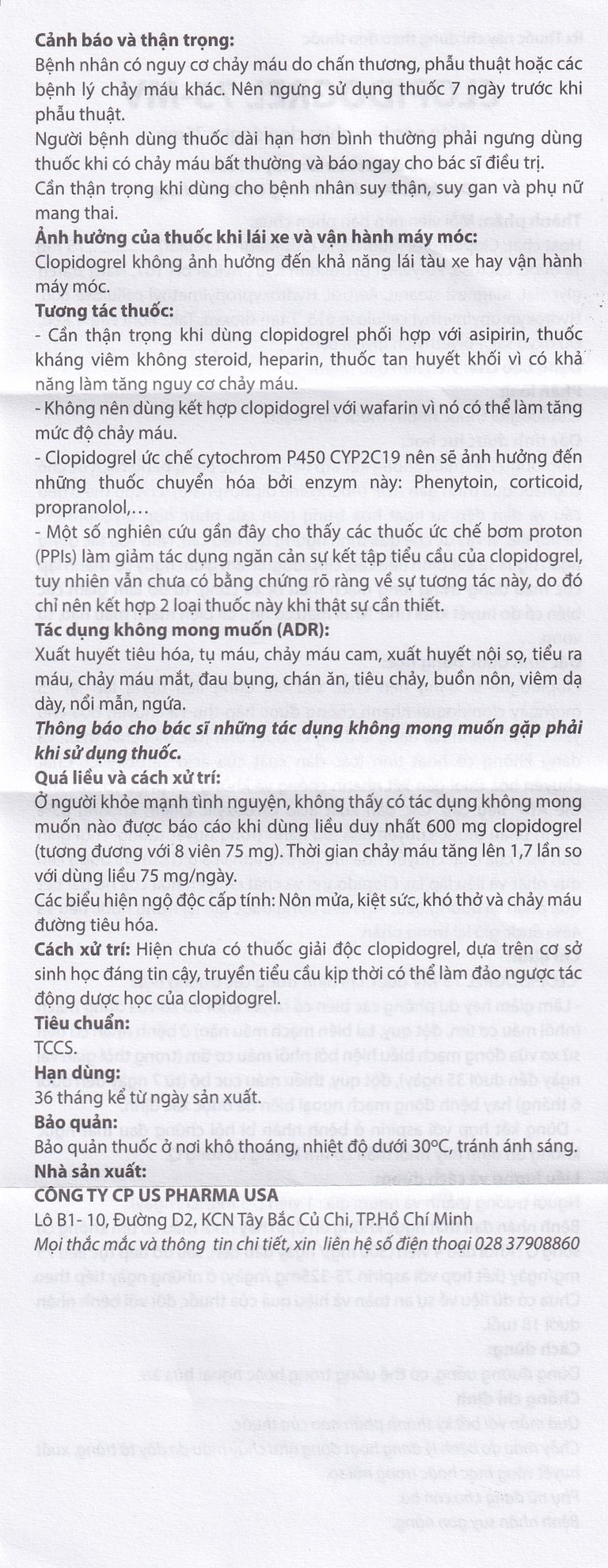 Thuốc Clopidogrel 75 - MV USP làm giảm hay dự phòng các biến cố huyết khối (3 vỉ x 10 viên)