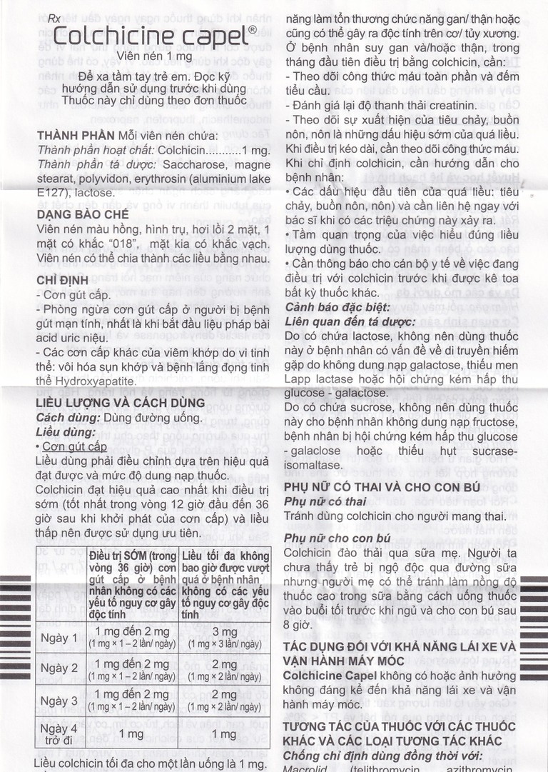 Thuốc Colchicine Capel 1mg Mayoly Spindler phòng ngừa và điều trị cơn gút cấp (20 viên)