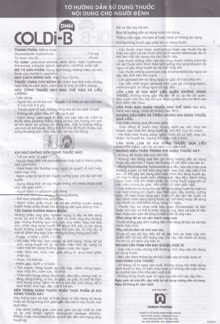 Thuốc xịt mũi Coldi-B Nam Hà giảm ngạt mũi do cảm lạnh, viêm mũi dị ứng, viêm xoang (15ml)