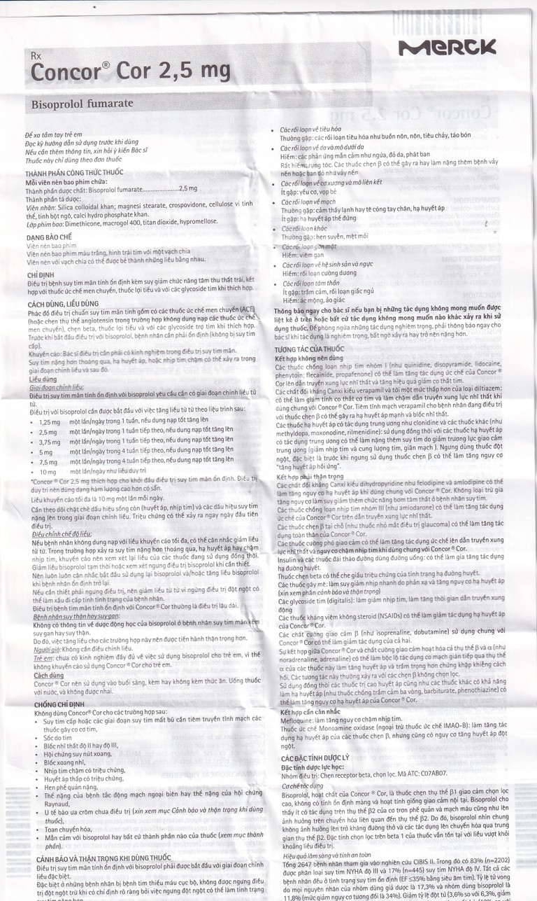Thuốc Concor Cor 2.5mg Merck điều trị suy tim mãn tính (3 vỉ x 10 viên)