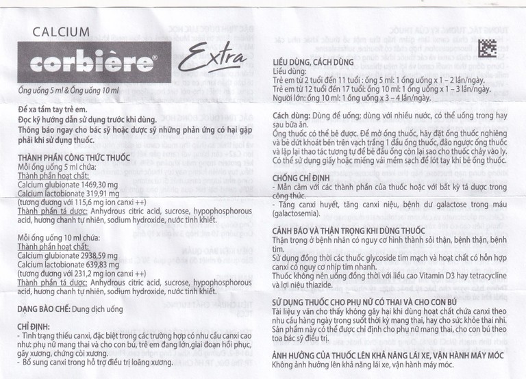 Dung dịch uống Calcium Corbière Extra Sanofi bổ sung canxi, hỗ trợ điều trị loãng xương (3 vỉ x 10 ống x 10ml)