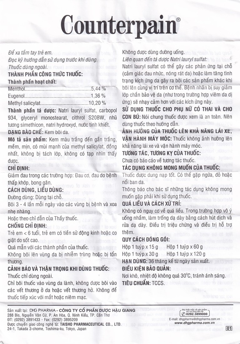 Kem bôi da Counterpain DHG giảm đau cơ, đau do bệnh thấp khớp, bong gân (30g)