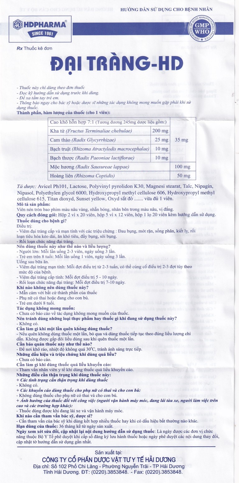 Thuốc Đại Tràng-HD điều trị viêm đại tràng cấp và mạn tính (5 vỉ x 12 viên)