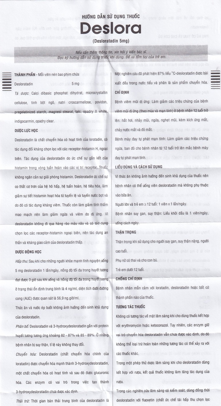 Thuốc Deslora 5mg giảm các triệu chứng dị ứng theo mùa và viêm mũi dị ứng (3 vỉ x 10 viên)