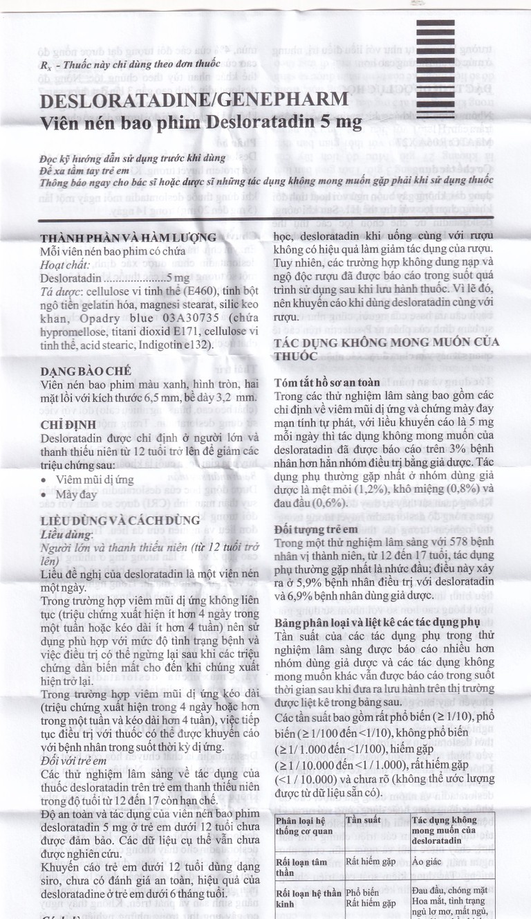 Thuốc Desloratadine 5mg Genepharm giảm các triệu chứng viêm mũi dị ứng, mày đay (2 vỉ x 15 viên)