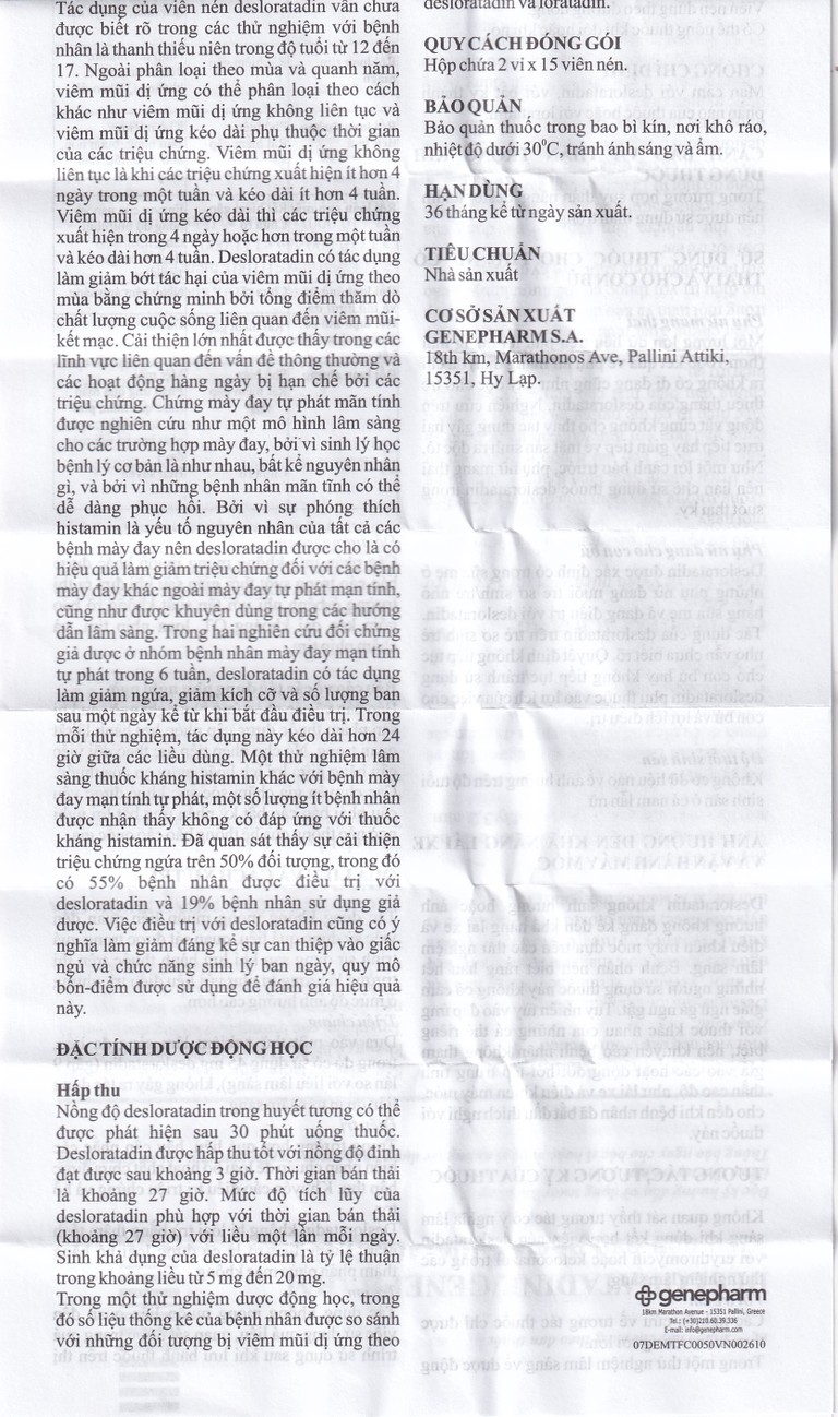 Thuốc Desloratadine 5mg Genepharm giảm các triệu chứng viêm mũi dị ứng, mày đay (2 vỉ x 15 viên)