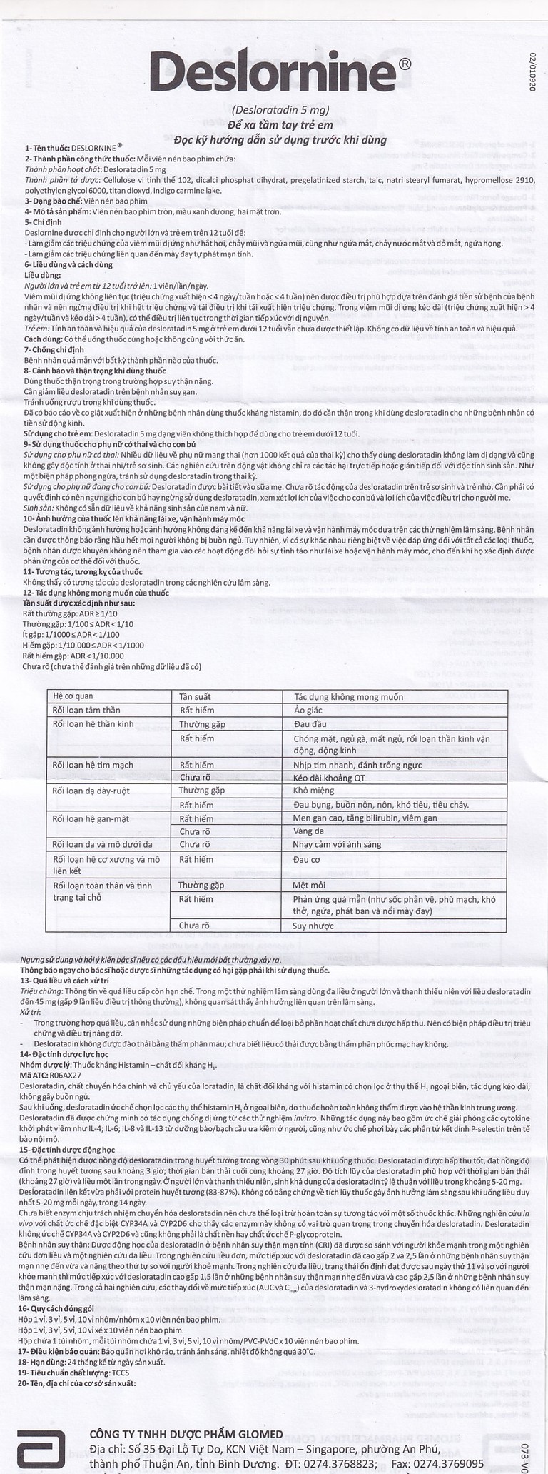 Thuốc Deslornine 5mg Abbott Làm giảm các triệu chứng hắt hơi, chảy mũi, mày đay (1 vỉ x 10 viên)