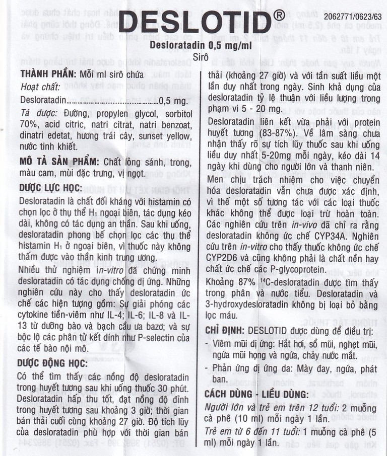 Siro Deslotid OPV trị viêm mũi dị ứng, phản ứng dị ứng da (60ml)