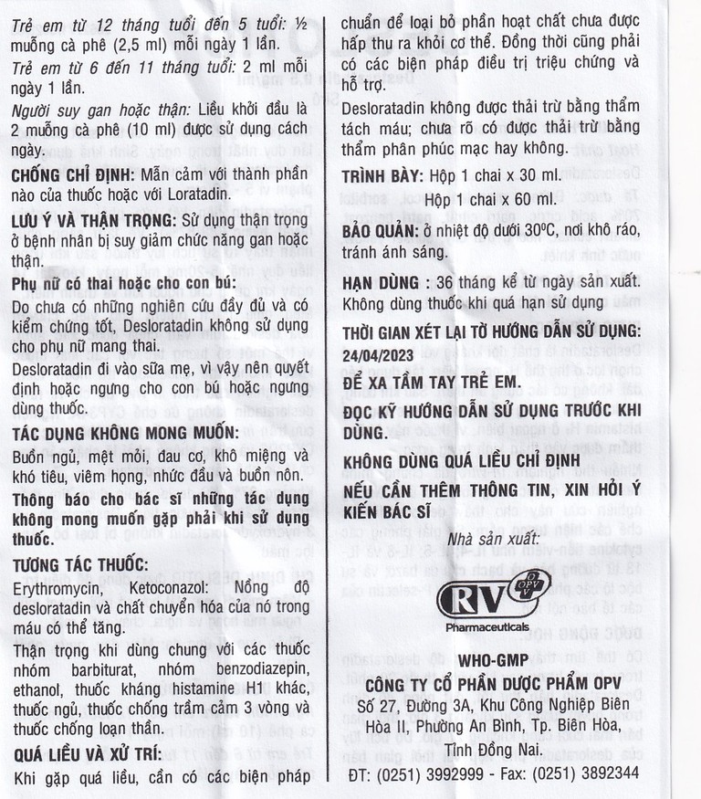 Siro Deslotid OPV trị viêm mũi dị ứng, phản ứng dị ứng da (60ml)