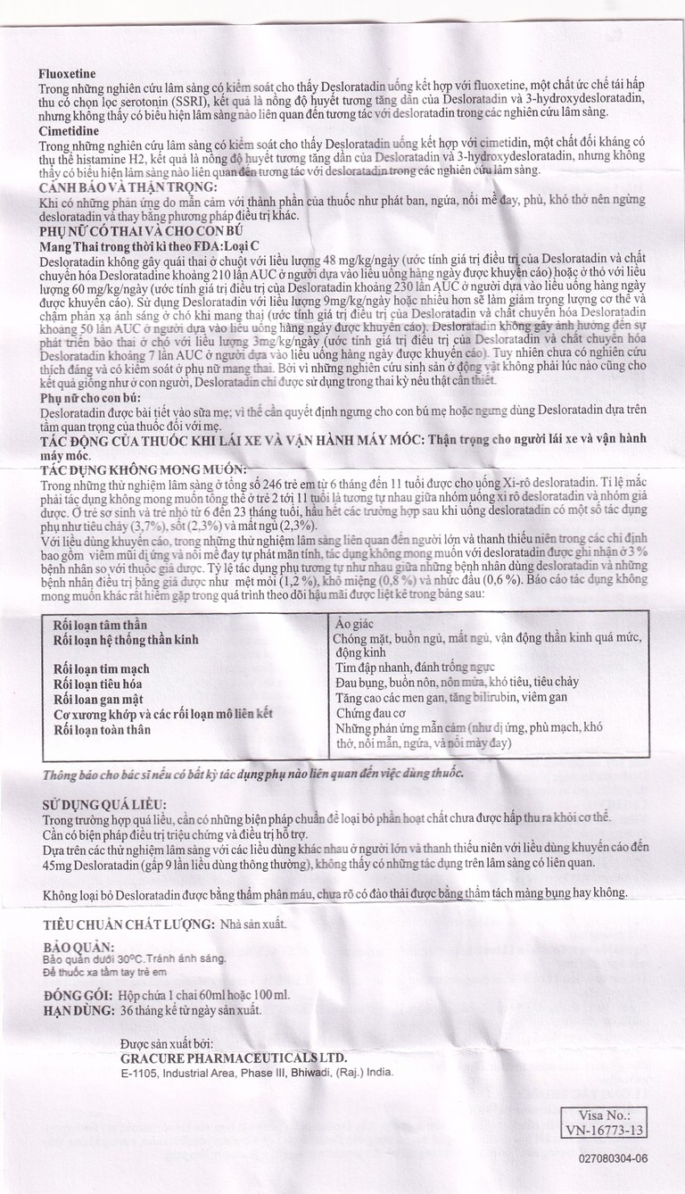 Siro Destacure 2.5mg/5ml Gracure điều trị viêm mũi dị ứng theo mùa và lâu năm, mày đay tự phát mãn tính (60ml)