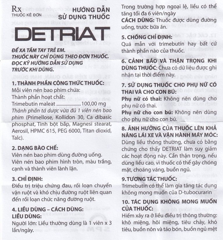 Thuốc Detriat điều trị triệu chứng đau, rối loạn chuyển vận ruột, khó chịu đường ruột (2 vỉ x 10 viên)