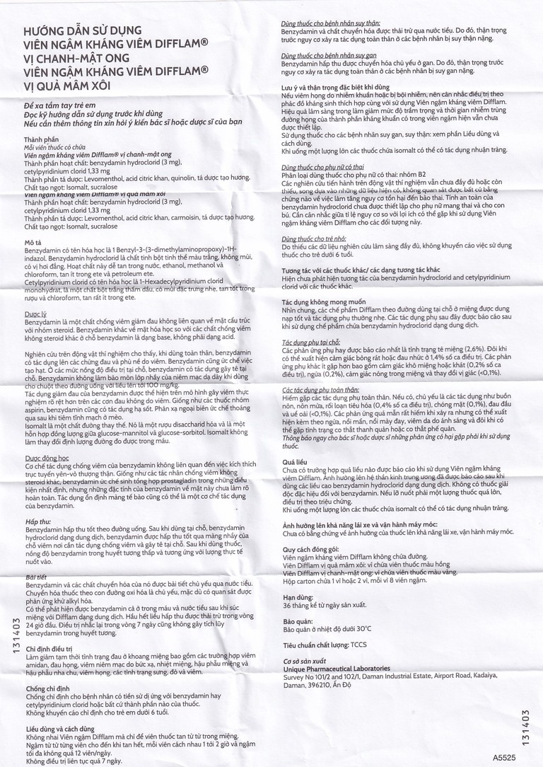 Viên ngậm kháng viêm Difflam vị chanh Unique Pharma hỗ trợ điều trị viêm amidan, đau họng (1 vỉ x 8 viên)