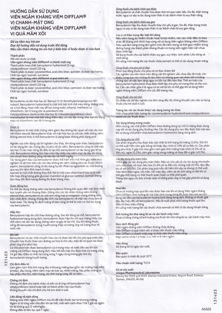 Viên ngậm kháng viêm Difflam vị quả mâm xôi Unique Pharma hỗ trợ điều trị viêm amidan, đau họng (1 vỉ x 8 viên)
