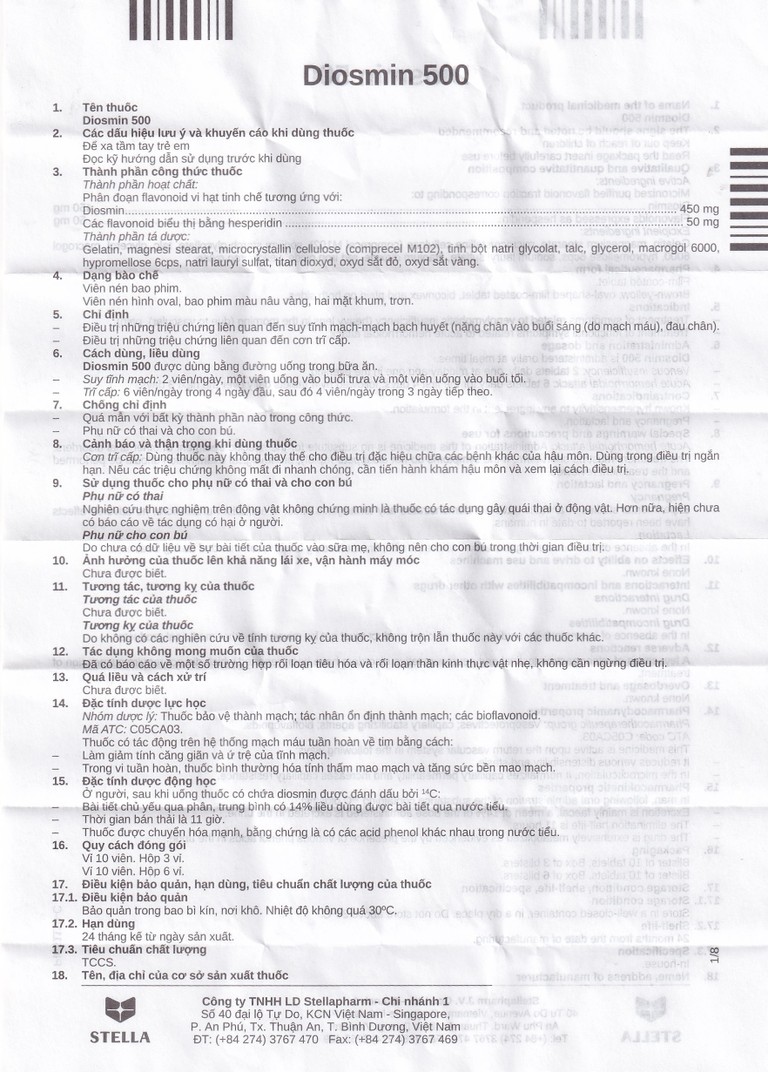 Thuốc Diosmin 500 Stella điều trị triệu chứng liên quan đến suy tĩnh mạch - mạch bạch huyết (6 vỉ x 10 viên)