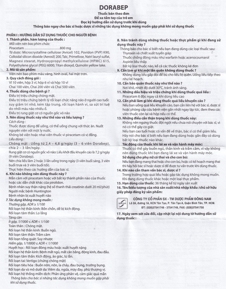 Thuốc Dorabep 800mg Đông Nam điều trị triệu chứng chóng mặt (10 vỉ x 10 viên)
