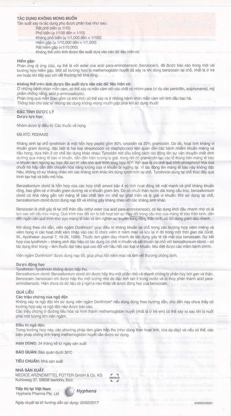 Viên ngậm Dorithricin Hyphens điều trị các triệu chứng nhiễm khuẩn miệng, họng (20 viên)