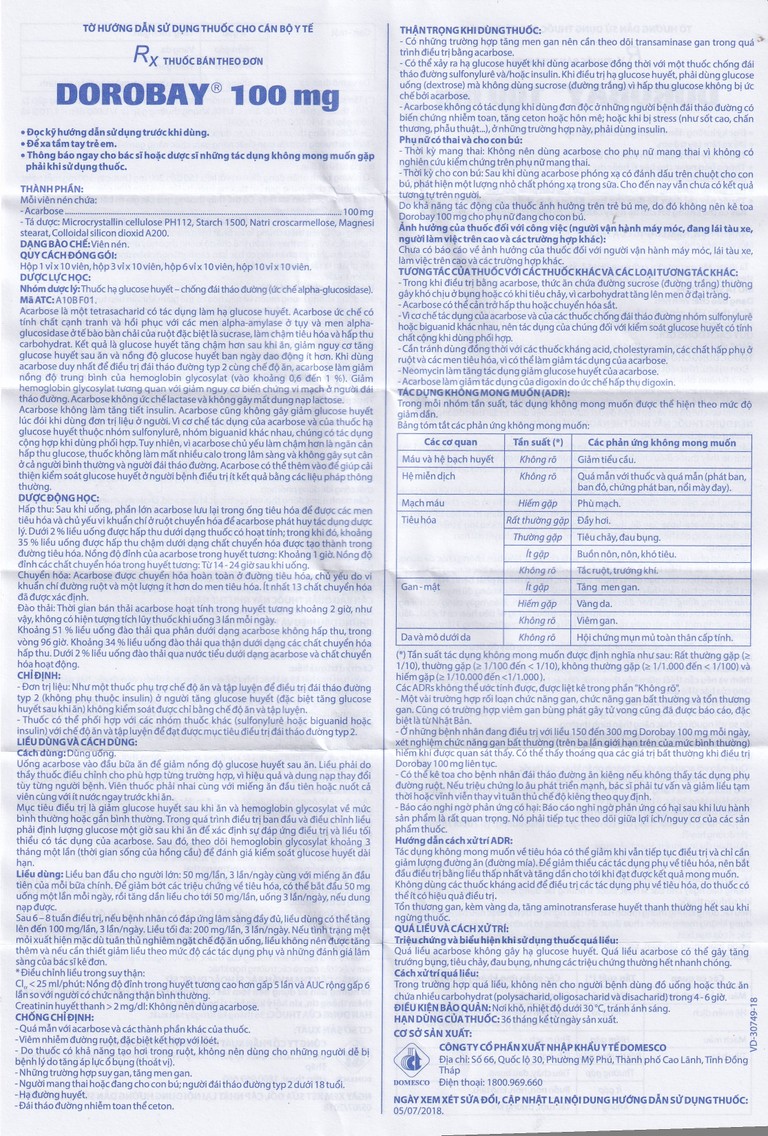 Thuốc Dorobay 100mg Domesco điều trị đái tháo đường típ 2 (3 vỉ x 10 viên)