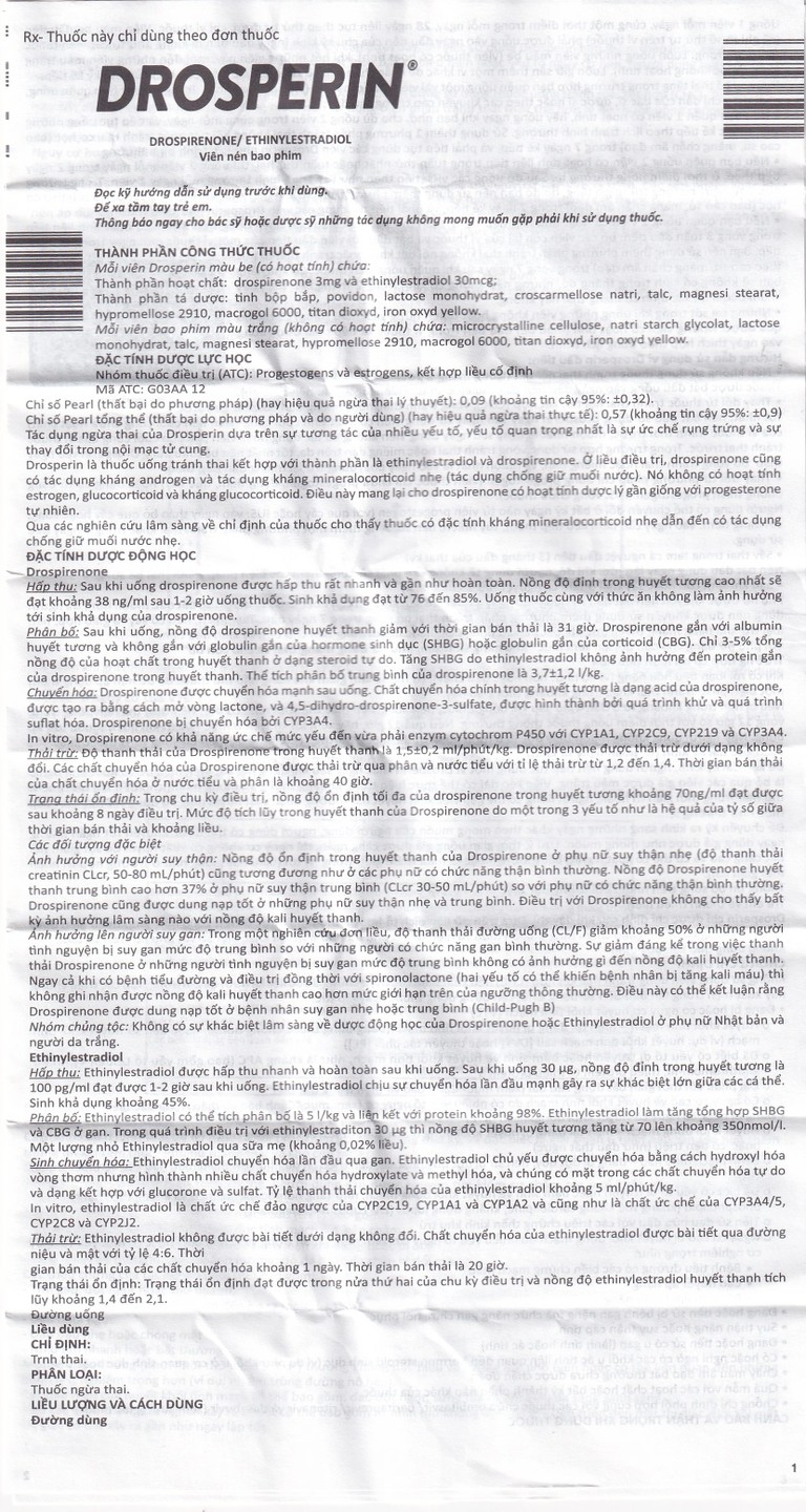 Thuốc tránh thai hằng ngày Drosperin Abbott (1 vỉ x 28 viên)
