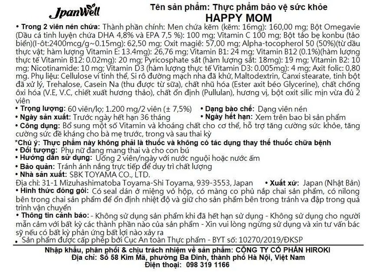 Viên uống Happy Mom Jpanwell bổ sung vitamin và khoáng chất (60 viên)