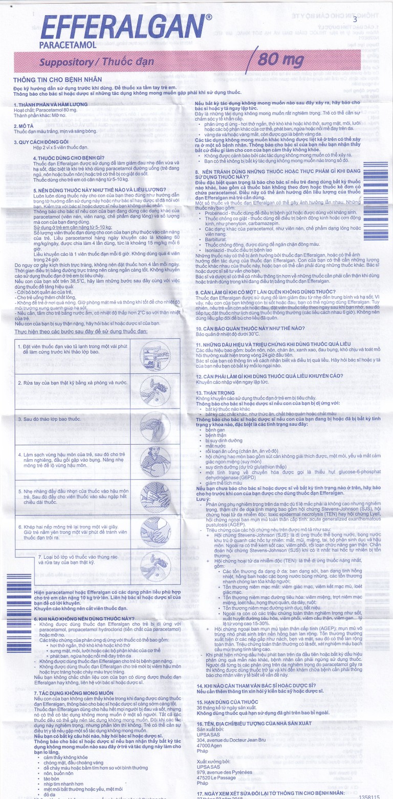 Thuốc đạn Efferalgan 80mg UPSA SAS giảm đau, hạ sốt (2 vỉ x 5 viên)