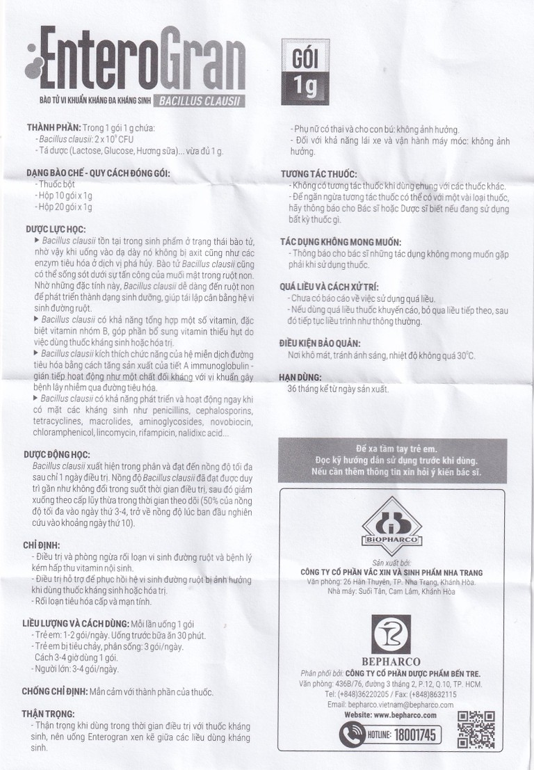Thuốc Enterogran Biopharco điều trị và phòng ngừa rối loạn vi sinh đường ruột (20 gói x 1g)